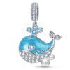 Deep Wave Blue Whale Dangle Charm in Tarnish-Resistant Silver With Crystal In White Gold Plating