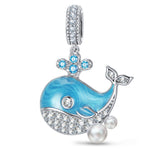 Deep Wave Blue Whale Dangle Charm in Tarnish-Resistant Silver With Crystal In White Gold Plating
