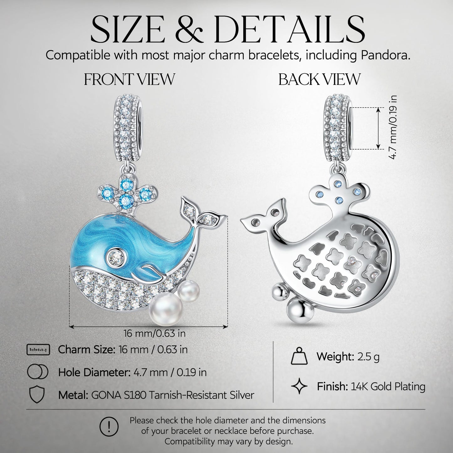 Deep Wave Blue Whale Dangle Charm in Tarnish-Resistant Silver With Crystal In White Gold Plating