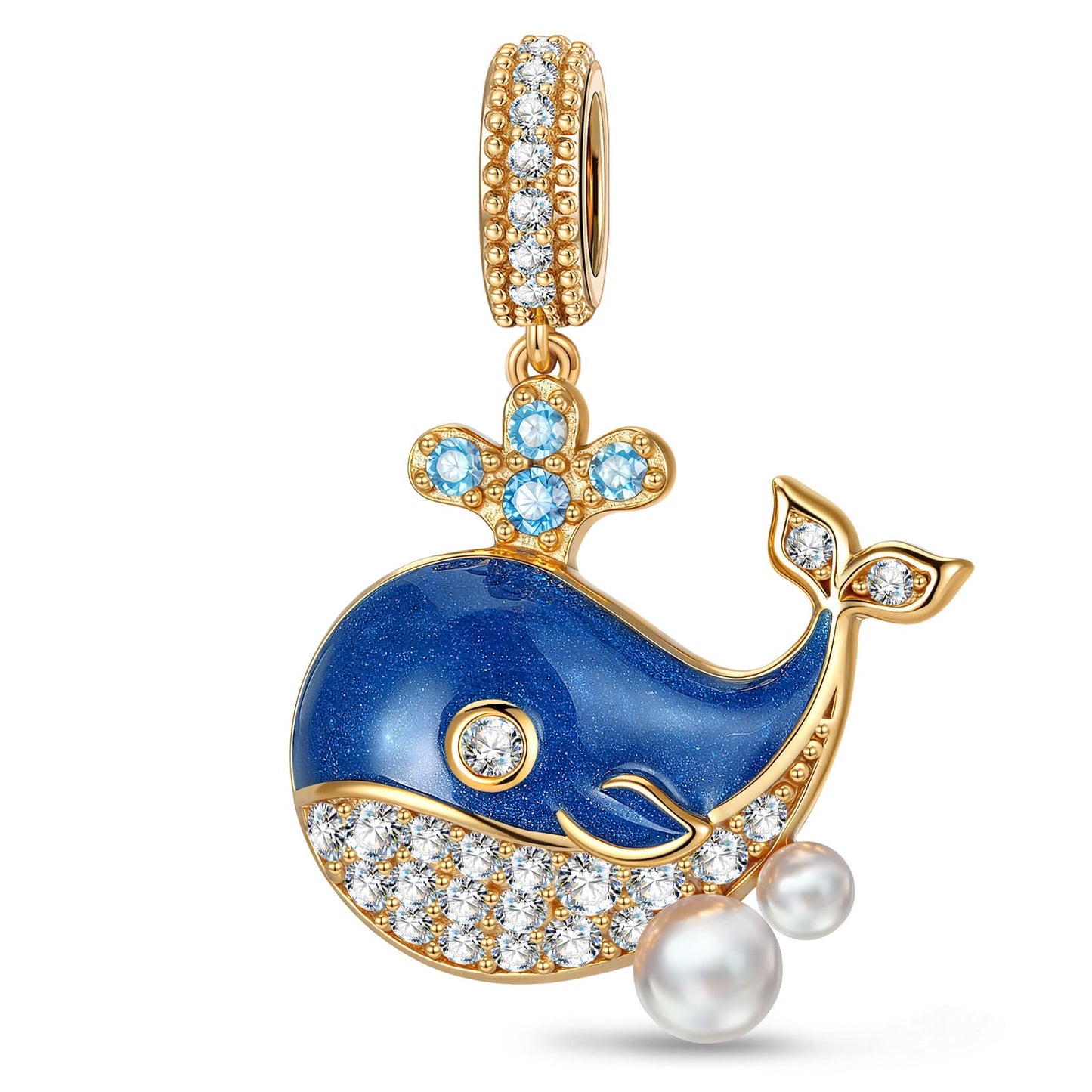 Deep Wave Blue Whale Dangle Charm in Tarnish-Resistant Silver With Crystal In 14K Gold Plating