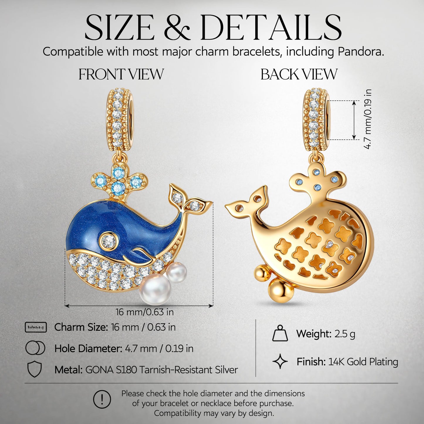 Deep Wave Blue Whale Dangle Charm in Tarnish-Resistant Silver With Crystal In 14K Gold Plating