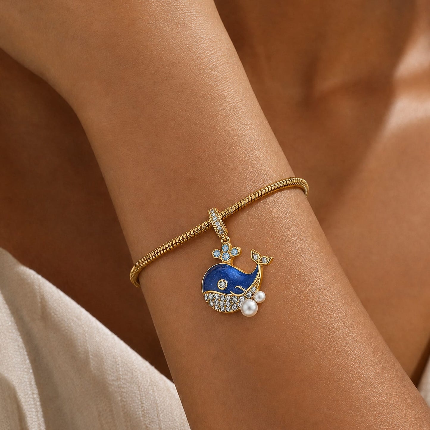 Deep Wave Blue Whale Dangle Charm in Tarnish-Resistant Silver With Crystal In 14K Gold Plating