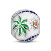 Tropical Palm Sun Tarnish-Resistant Silver Enamel Round Charm In White Gold Plating