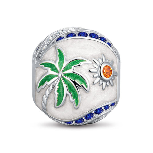 gona- Tropical Palm Sun Enamel Pavé Barrel Charm in Tarnish-Resistant Silver