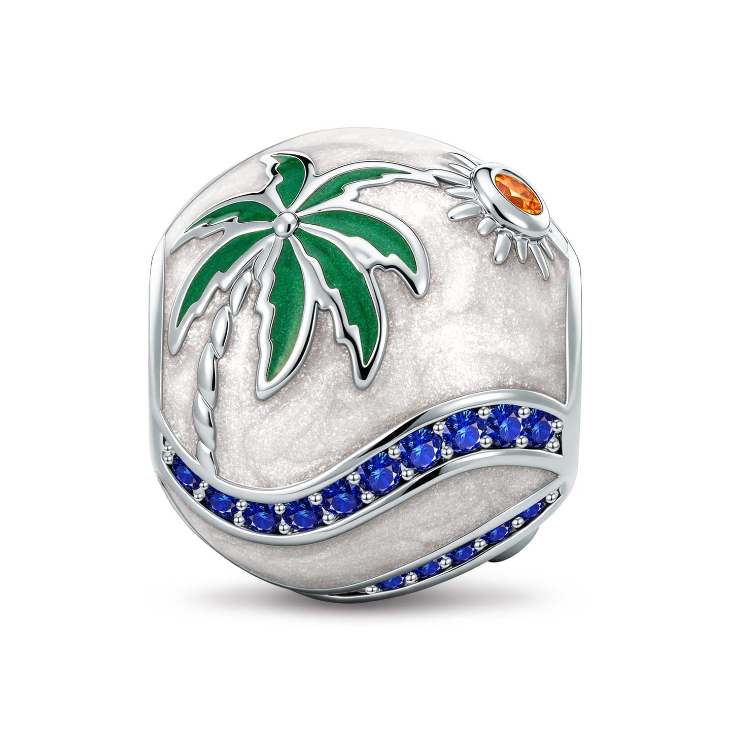 Tropical Palm Sun Enamel Pavé Barrel Charm in Tarnish-Resistant Silver