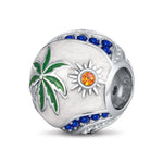 Tropical Palm Sun Tarnish-Resistant Silver Enamel Round Charm In White Gold Plating