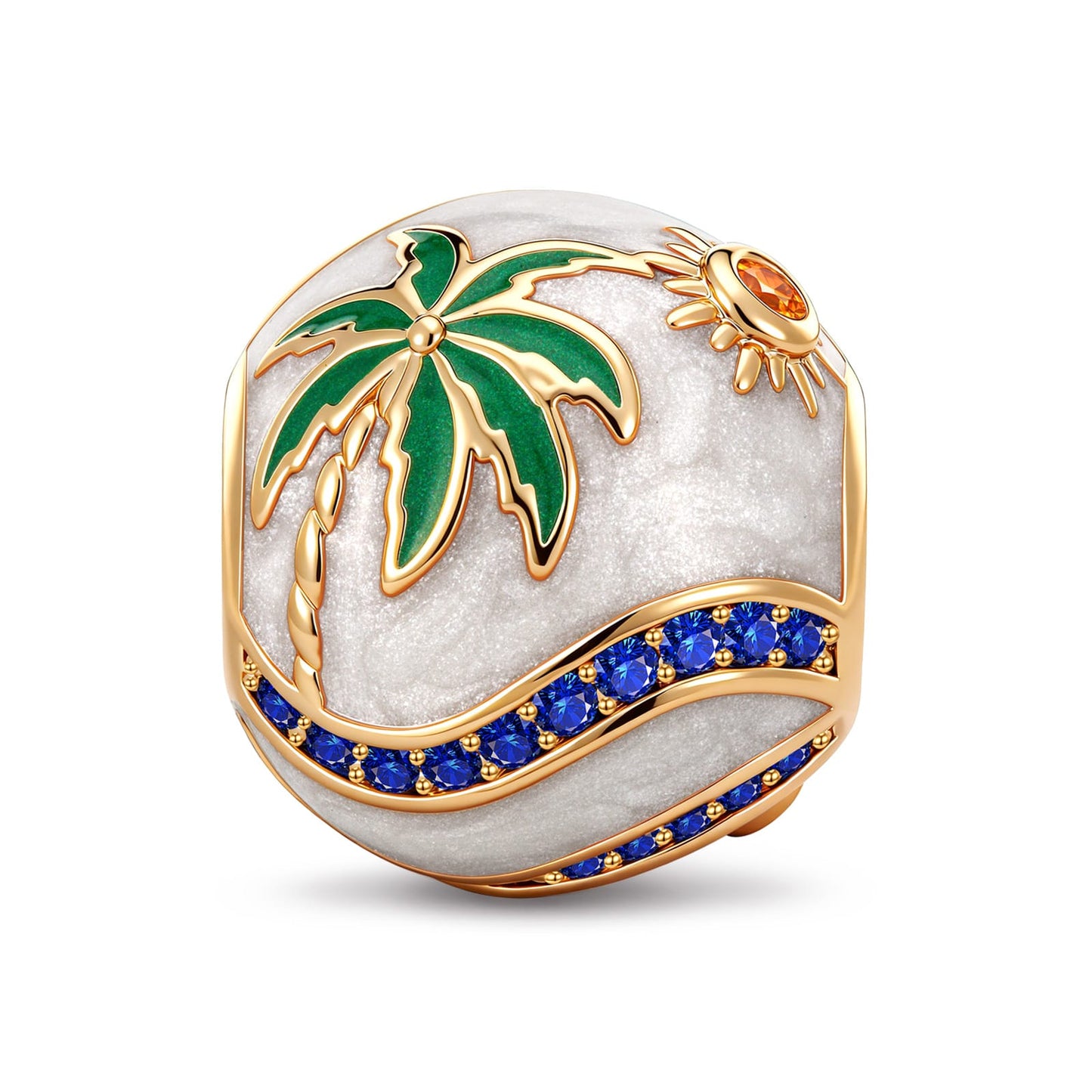 Tropical Palm Sun Enamel Pavé Barrel Charm in Tarnish-Resistant Silver