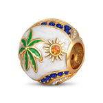 Tropical Palm Sun Tarnish-Resistant Silver Enamel Round Charm In 14K Gold Plating