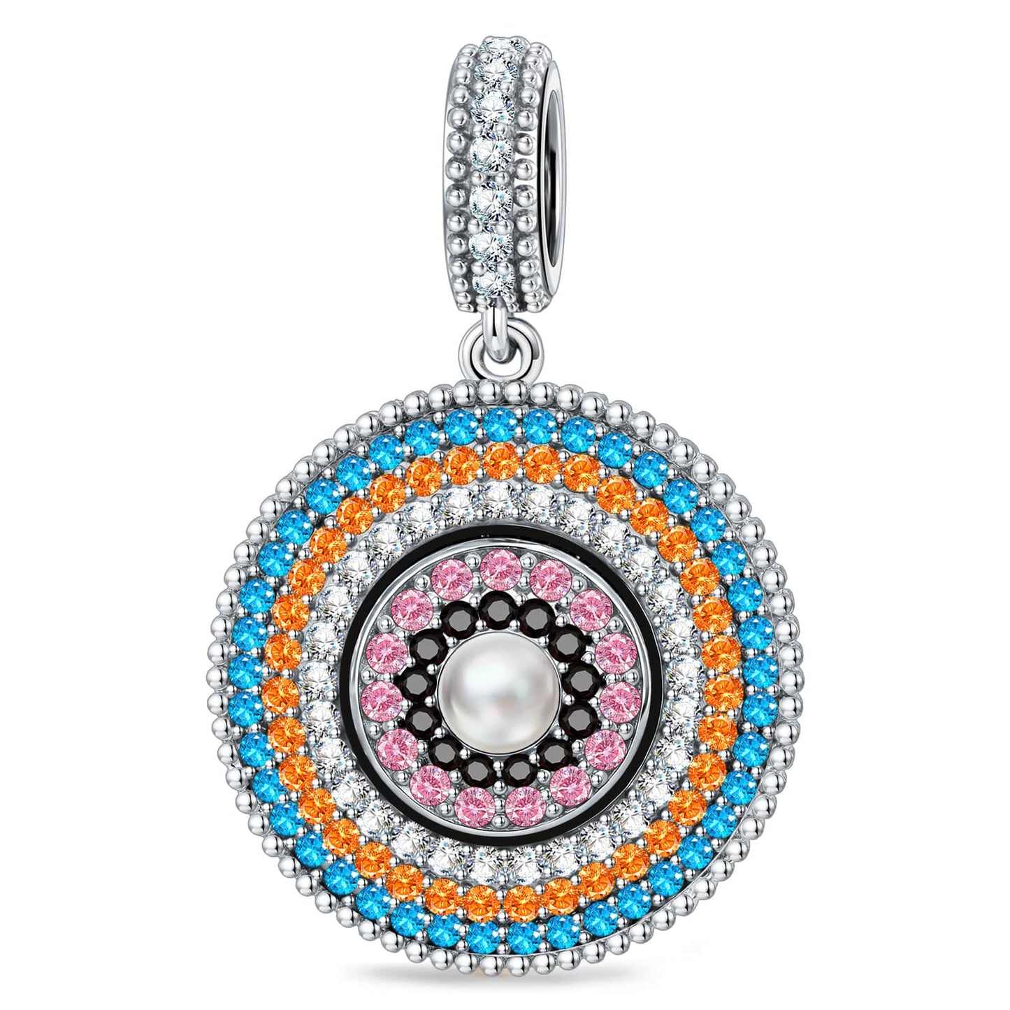 Tropical Mandala Dangle Circular Charm With Multi‑Layer Multi‑Color Pavé Gemstones & Freshwater Pearl in Tarnish‑Resistant Silver