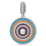 Tropical Mandala Dangle Circular Charm With Multi‑Layer Multi‑Color Pavé Gemstones & Freshwater Pearl in Tarnish‑Resistant Silver
