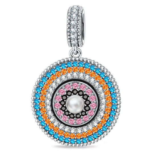gona- Tropical Mandala Dangle Circular Charm With Multi‑Layer Multi‑Color Pavé Gemstones & Freshwater Pearl in Tarnish‑Resistant Silver