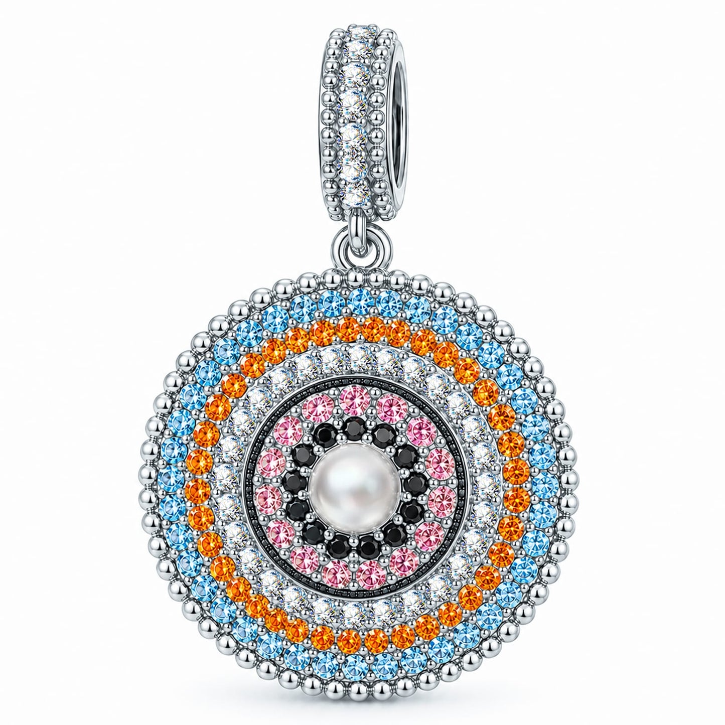 Tropical Mandala Dangle Circular Charm With Multi‑Layer Multi‑Color Pavé Gemstones & Freshwater Pearl in Tarnish‑Resistant Silver
