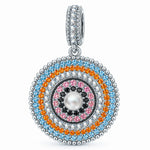Tropical Mandala Dangle Circular Charm With Multi‑Layer Multi‑Color Pavé Gemstones & Freshwater Pearl in Tarnish‑Resistant Silver