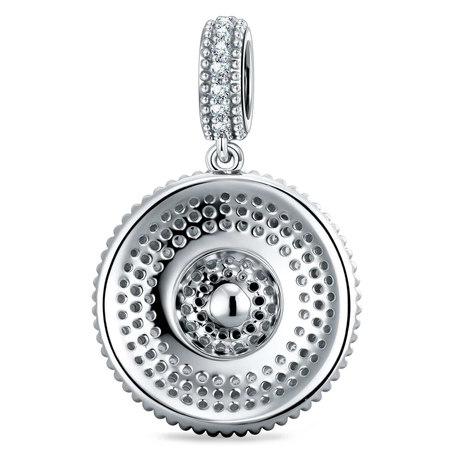 Tropical Mandala Dangle Circular Charm With Multi‑Layer Multi‑Color Pavé Gemstones & Freshwater Pearl in Tarnish‑Resistant Silver