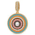 Tropical Mandala Dangle Circular Charm With Multi‑Layer Multi‑Color Pavé Gemstones & Freshwater Pearl in Tarnish‑Resistant Silver