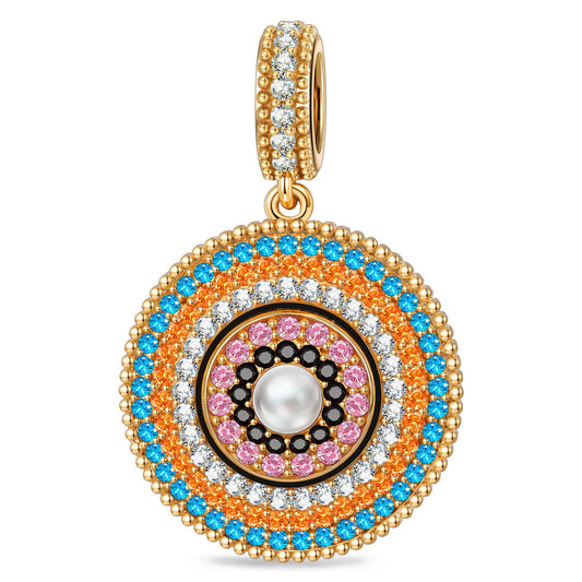gona- Tropical Mandala Dangle Circular Charm With Multi‑Layer Multi‑Color Pavé Gemstones & Freshwater Pearl in Tarnish‑Resistant Silver