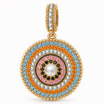 Tropical Mandala Dangle Circular Charm With Multi‑Layer Multi‑Color Pavé Gemstones & Freshwater Pearl in Tarnish‑Resistant Silver