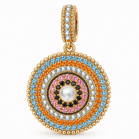 gona- Tropical Mandala Dangle Circular Charm With Multi‑Layer Multi‑Color Pavé Gemstones & Freshwater Pearl in Tarnish‑Resistant Silver