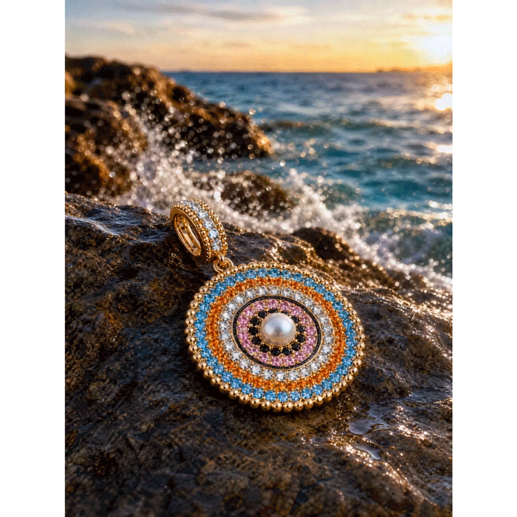 Tropical Mandala Dangle Circular Charm With Multi‑Layer Multi‑Color Pavé Gemstones & Freshwater Pearl in Tarnish‑Resistant Silver