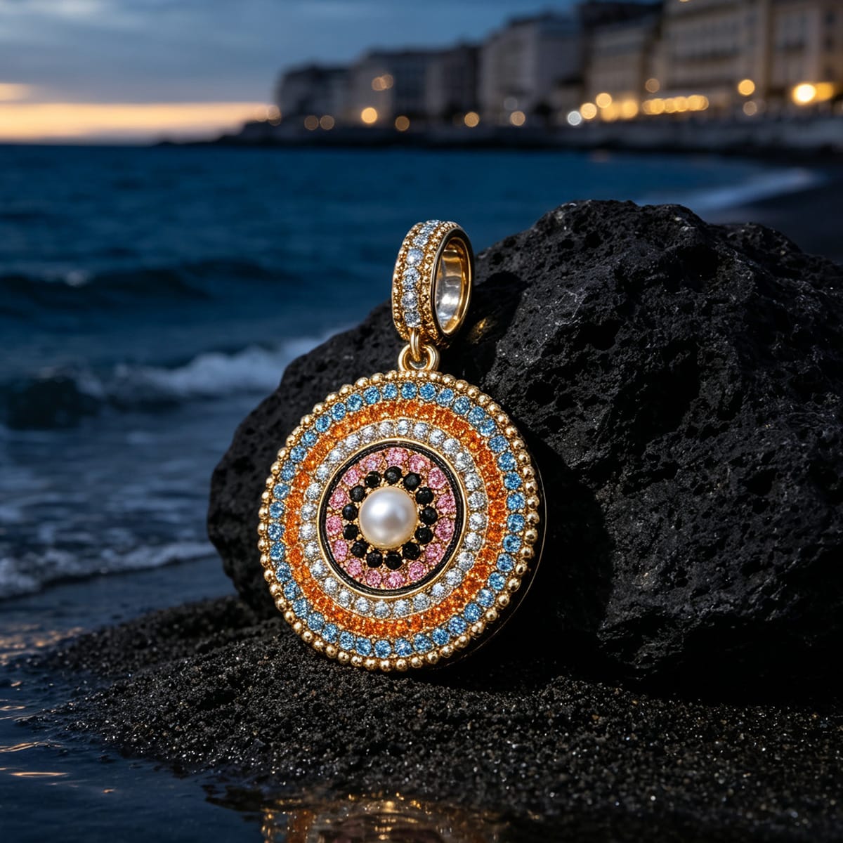 Tropical Mandala Dangle Circular Charm With Multi‑Layer Multi‑Color Pavé Gemstones & Freshwater Pearl in Tarnish‑Resistant Silver