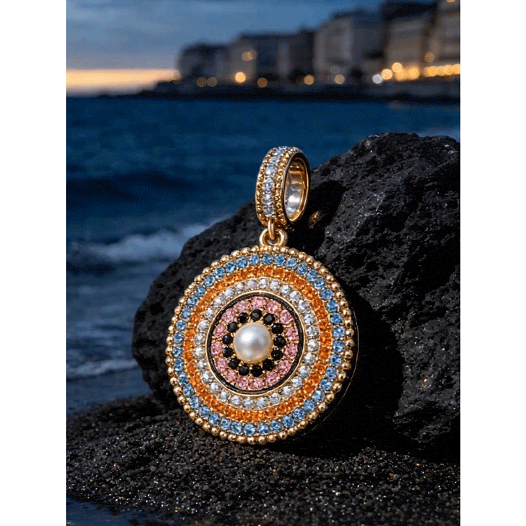 Tropical Mandala Dangle Circular Charm With Multi‑Layer Multi‑Color Pavé Gemstones & Freshwater Pearl in Tarnish‑Resistant Silver