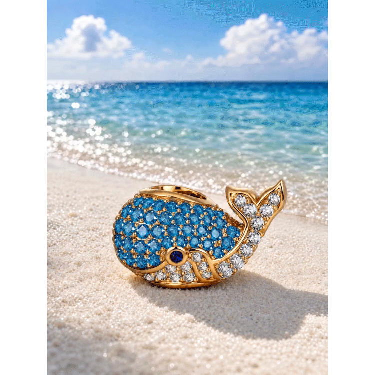 Ocean Whale Full Pavé Blue‑Tone & Clear Crystal Charm in Tarnish‑Resistant Silver
