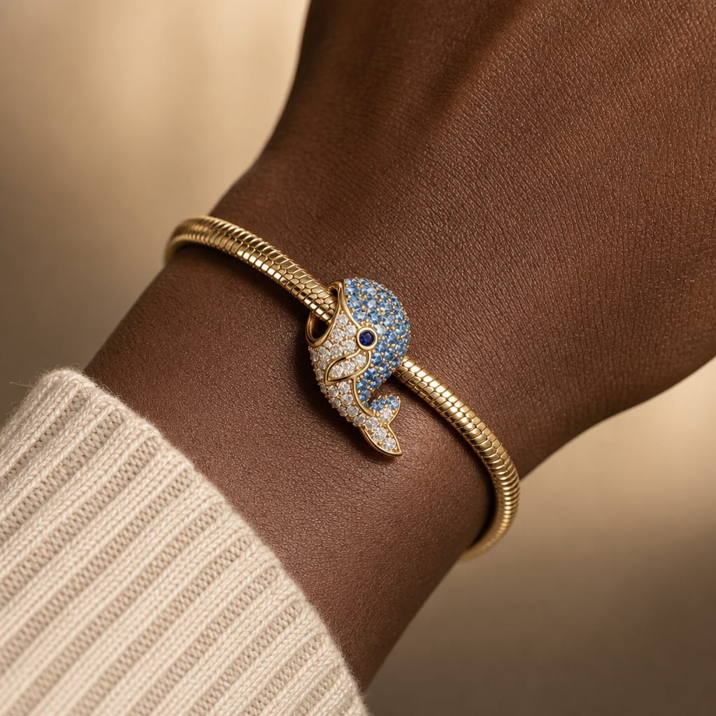 Ocean Whale Full Pavé Blue‑Tone & Clear Charm in Tarnish‑Resistant Silver