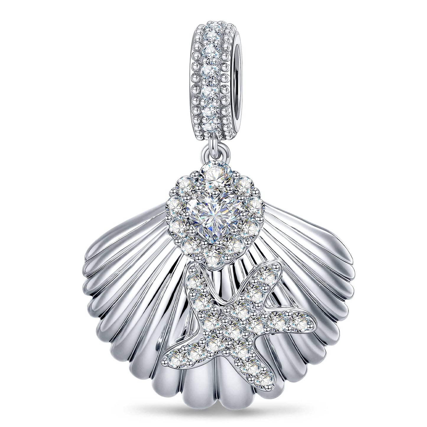 Moonlit Scallop Pavé Tarnish-Resistant Silver Charm In White Gold Plating