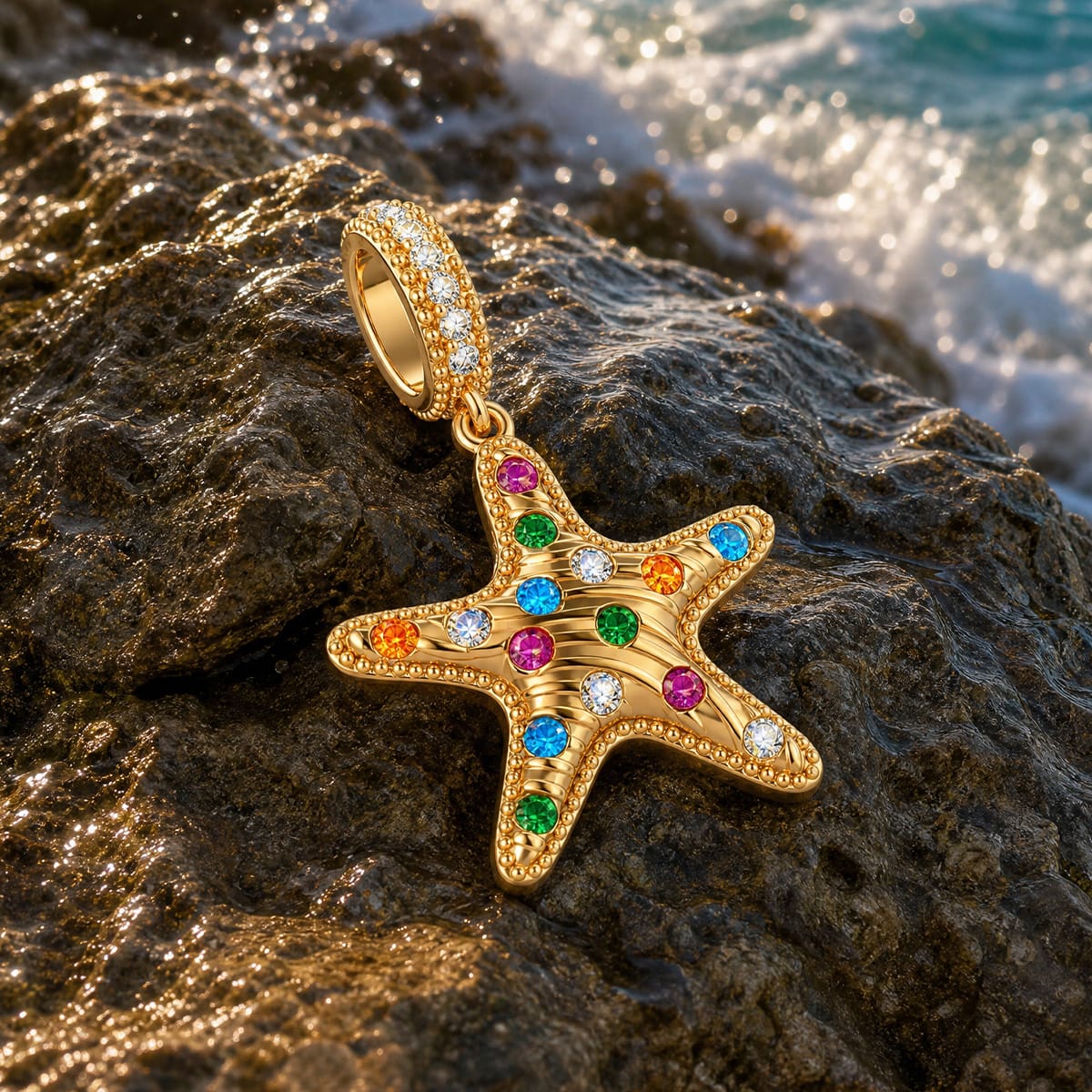 Tropical Shore Dangle Starfish Dangle Charm With Vibrant Multi‑Color Pavé Gemstones in Tarnish‑Resistant Silver