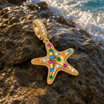 Tropical Shore Dangle Starfish Dangle Charm With Vibrant Multi‑Color Pavé Gemstones in Tarnish‑Resistant Silver