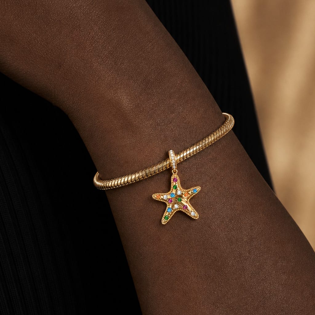 Tropical Shore Dangle Starfish Dangle Charm With Vibrant Multi‑Color Pavé Gemstones in Tarnish‑Resistant Silver