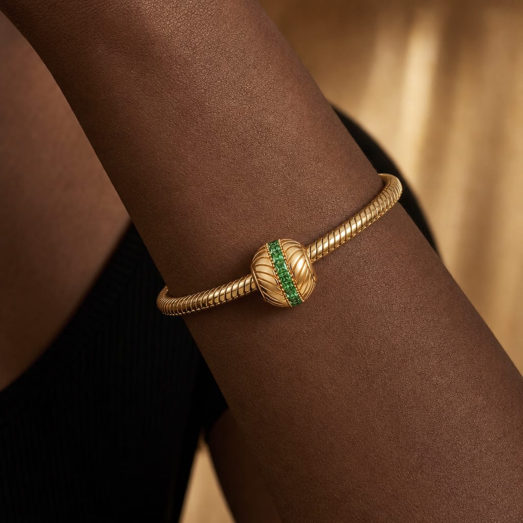 Herringbone Grooved Vertical Created Emerald Channel‑Set Charm Bead in Tarnish‑Resistant Silver