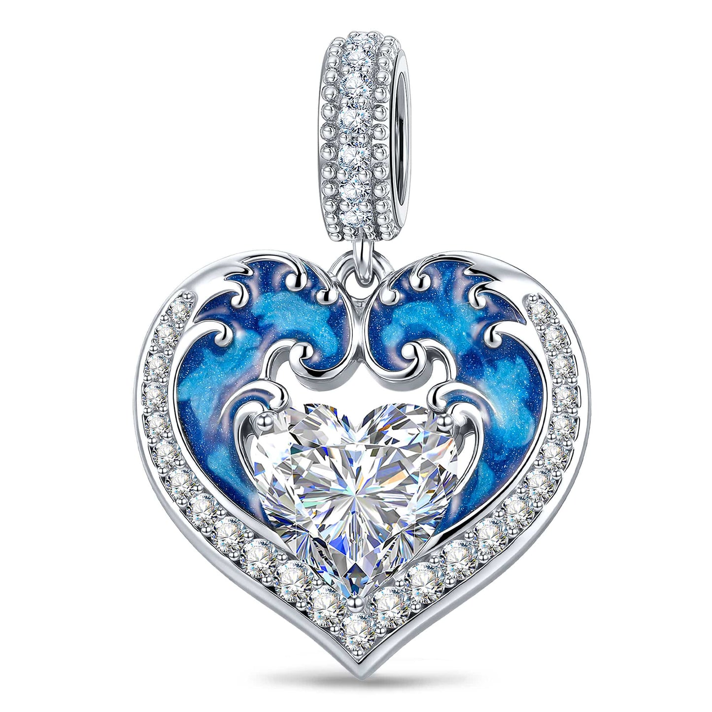 Azure Siren Heart Tarnish-Resistant Silver Enamel Charm With Crystal In White Gold Plating