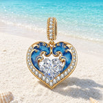 Azure Siren Heart Tarnish-Resistant Silver Enamel Dangle Charm With Crystal
