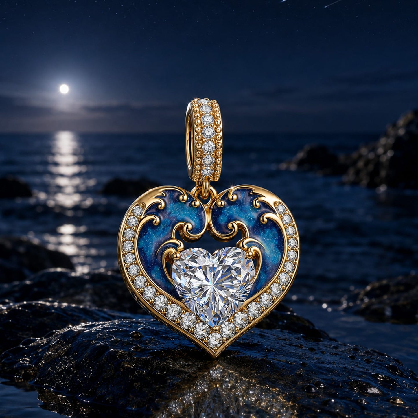 Azure Siren Heart Tarnish-Resistant Silver Enamel Dangle Charm