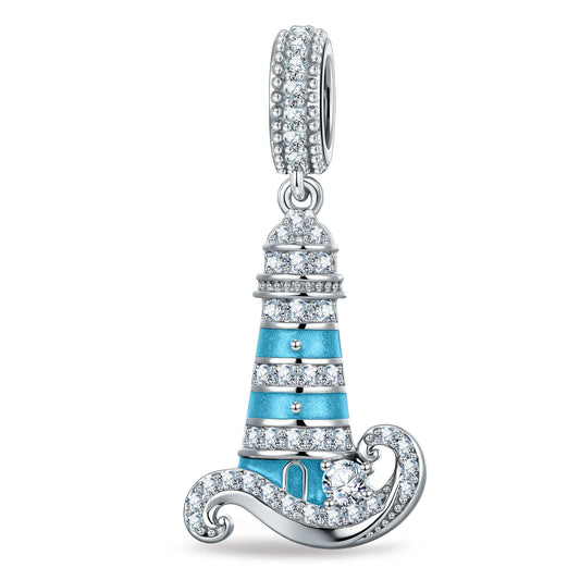 gona- Azure Horizon Dangle Lighthouse Curved‑Wave Enamel Dangle Charm With Pavé‑Set Sparkling Crystal in Tarnish‑Resistant Silver
