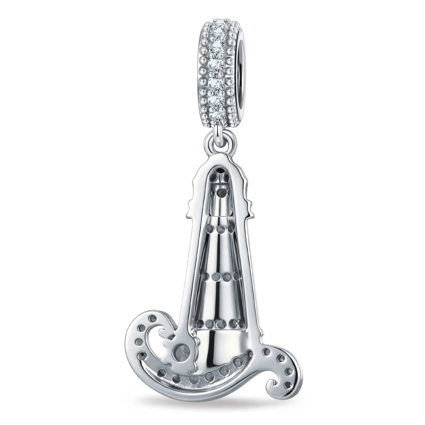 Azure Horizon Dangle Lighthouse Curved‑Wave Enamel Dangle Charm With Pavé‑Set Sparkling Crystal in Tarnish‑Resistant Silver