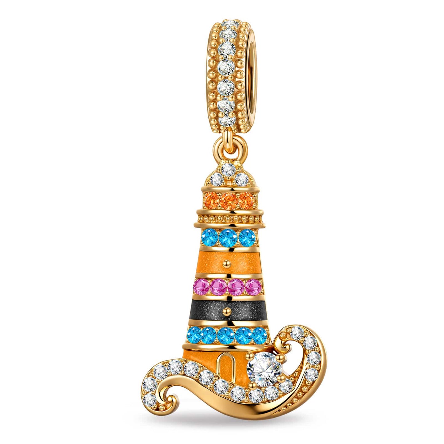 Azure Horizon Dangle Lighthouse Curved‑Wave Enamel Dangle Charm With Pavé‑Set Sparkling Crystal in Tarnish‑Resistant Silver