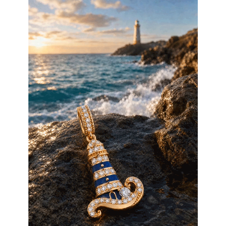 Azure Horizon Dangle Lighthouse Curved‑Wave Enamel Dangle Charm With Pavé‑Set Sparkling Crystal in Tarnish‑Resistant Silver