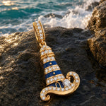Azure Horizon Dangle Lighthouse Curved‑Wave Enamel Dangle Charm With Pavé‑Set Sparkling Crystal in Tarnish‑Resistant Silver