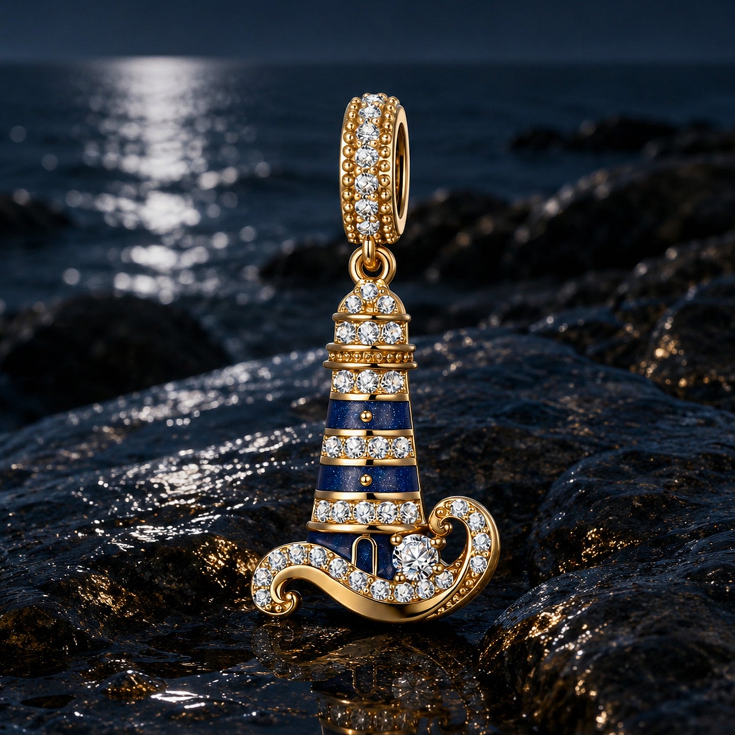 Azure Horizon Dangle Lighthouse Curved‑Wave Enamel Dangle Charm With Pavé‑Set Sparkling in Tarnish‑Resistant Silver