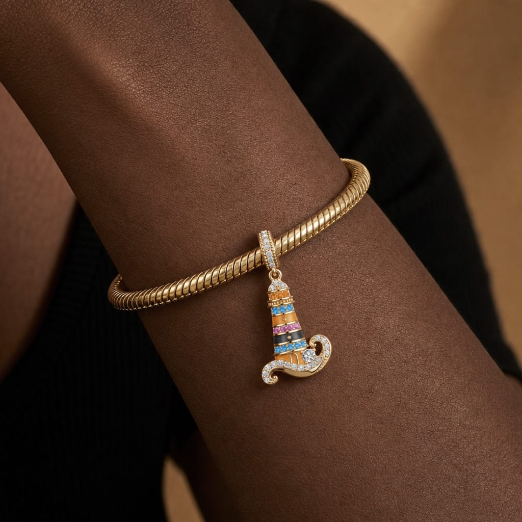 Azure Horizon Dangle Lighthouse Curved‑Wave Enamel Dangle Charm With Pavé‑Set Sparkling in Tarnish‑Resistant Silver