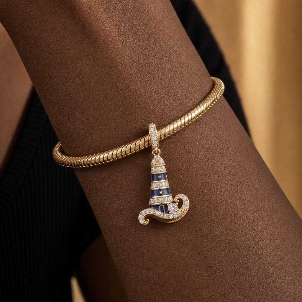 Azure Horizon Dangle Lighthouse Curved‑Wave Enamel Dangle Charm With Pavé‑Set Sparkling in Tarnish‑Resistant Silver