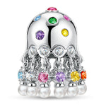 Rainbow Multi‑Gem Tassel Jellyfish Freshwater Pearl Dangle Charm Bead in Tarnish‑Resistant Silver
