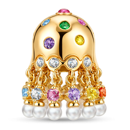 gona- Rainbow Multi‑Gem Tassel Jellyfish Freshwater Pearl Dangle Charm Bead in Tarnish‑Resistant Silver