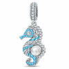 Seahorse Pearl Dangle Charm, Blue Enamel & Paved Crystal Design Bead in Tarnish-Resistant Silver