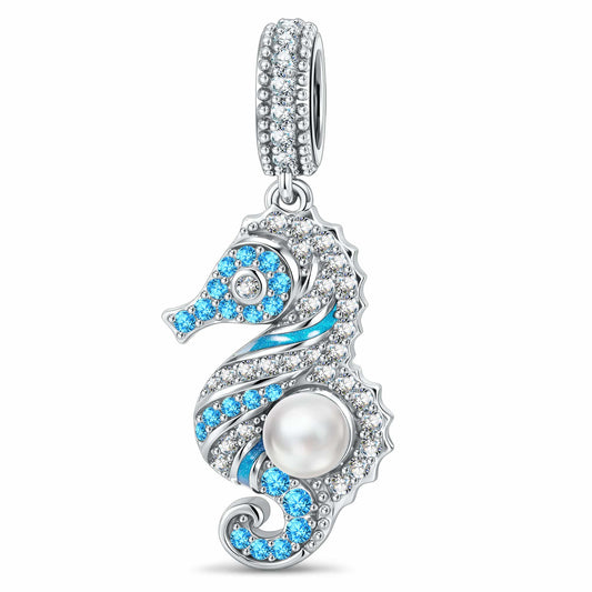 gona- Seahorse Pearl Dangle Charm, Blue Enamel & Paved Crystal Design Bead in Tarnish-Resistant Silver