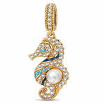 Seahorse Pearl Dangle Charm, Blue Enamel & Paved Crystal Design Bead in Tarnish-Resistant Silver