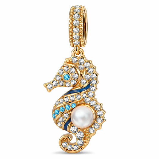 gona- Seahorse Pearl Dangle Charm, Blue Enamel & Paved Crystal Design Bead in Tarnish-Resistant Silver