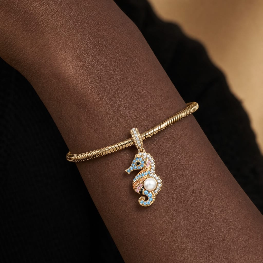 Seahorse Pearl Dangle Charm, Blue Enamel & Paved Design Bead in Tarnish-Resistant Silver